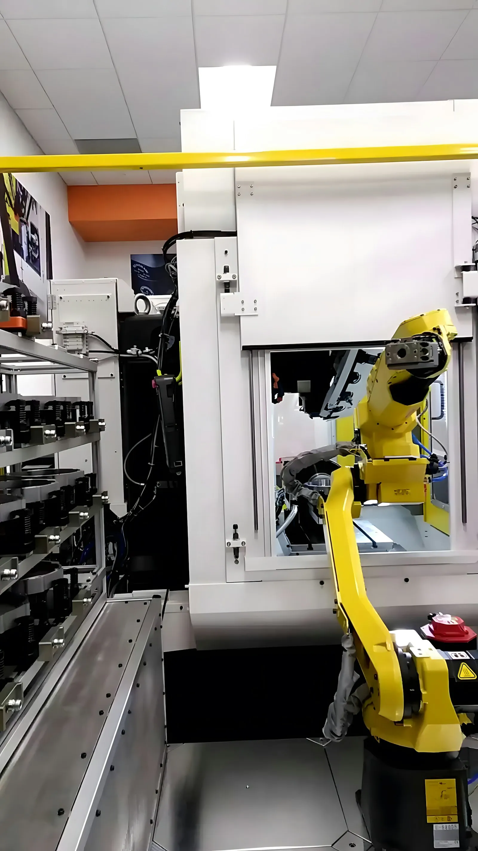 An industrial robotic arm operating on a production line