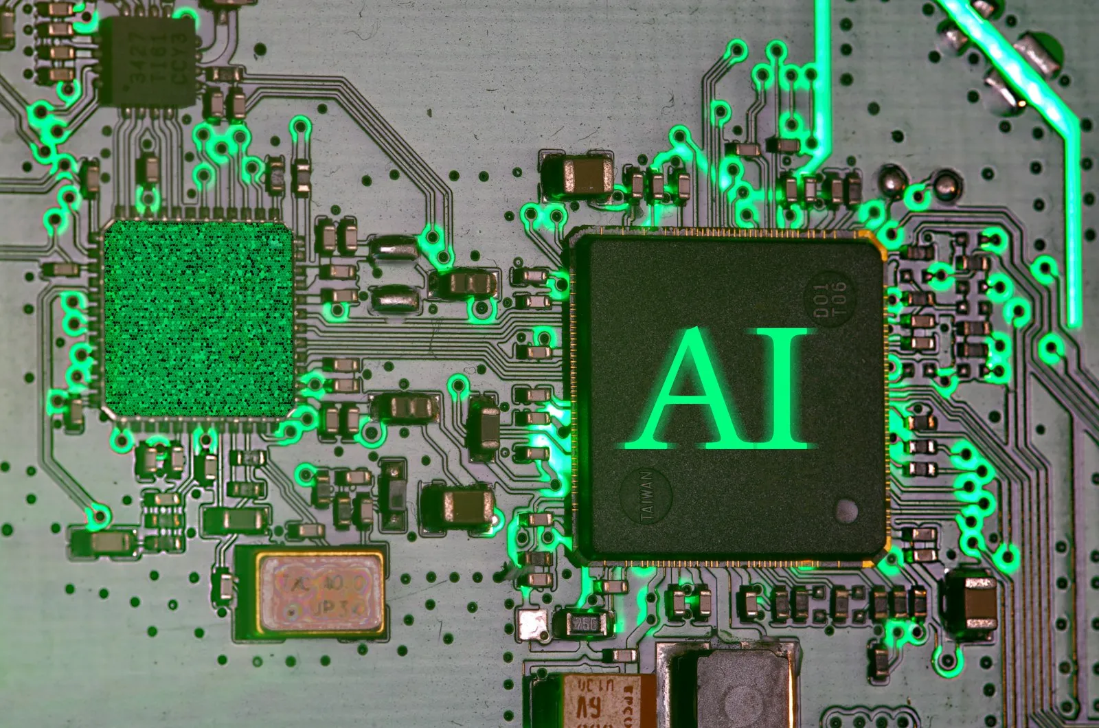 Glowing AI chip on a circuit board